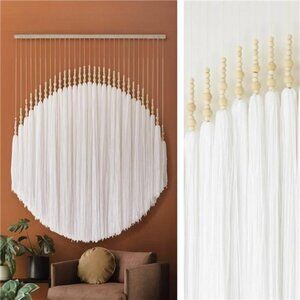 NEW Anthro XL Large Boho White Tassel Tapestry Round Beaded Wall Hanging - 55"